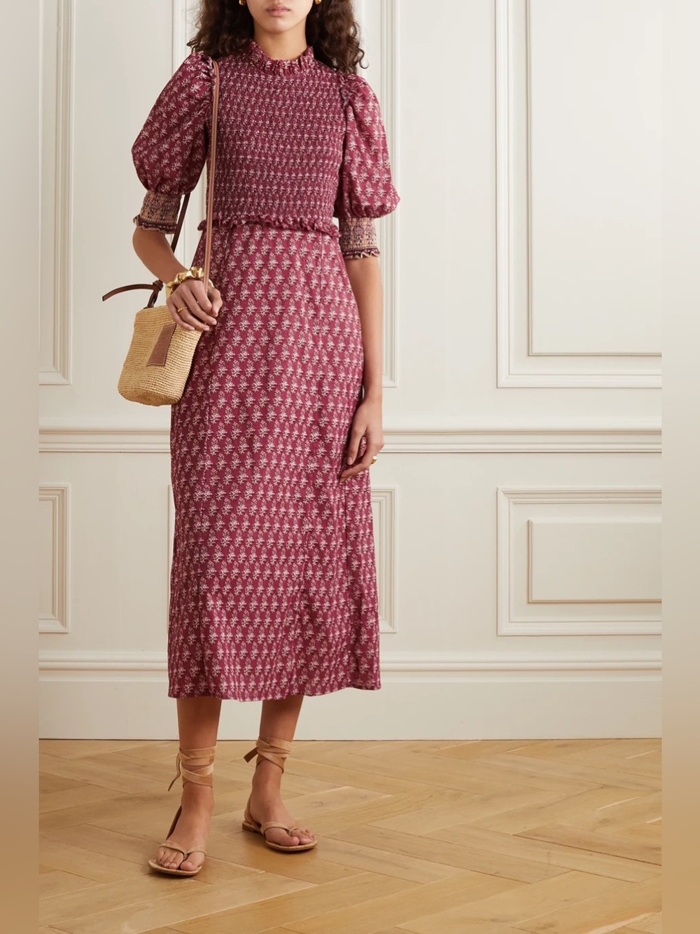 Sea NY Beaux Ruffled Shirred Floral Cotton Midi Dress Burgundy Size 8